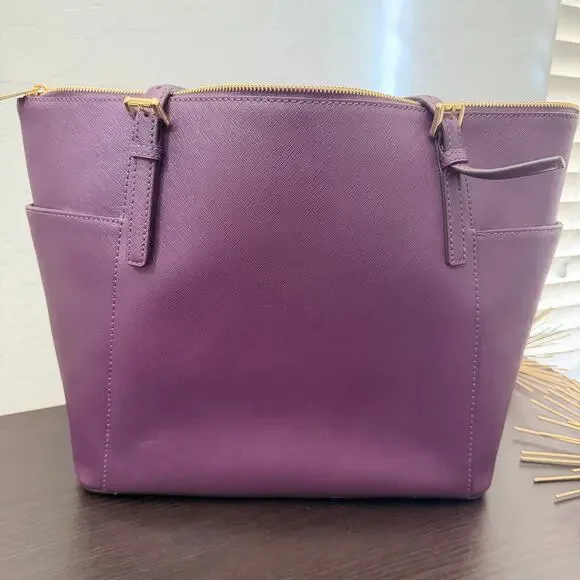 Michael Kors Jet Set Leather Tote Purple Saffiano Large Top Zip Handbag - Picture 2 of 7